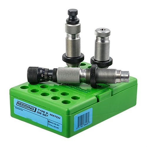 Le Type S Match Bushing Neck Die Set comprend un die de dimensionnement, un Body Die et un Competition Seating Die pour une précision optimale en rechargement.