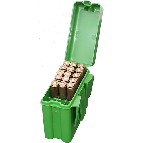 Avec la boîte à munitions MTM CASE-GARD, transporte 20 cartouches facilement sur ta ceinture, protégées contre la poussière et l'humidité, sans risque d'ouverture accidentelle.