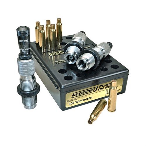 Le set de dies Redding Premium Deluxe pour 308 Winchester t'offre une précision accrue avec un bouton de taille en carbure et un micromètre de profondeur de balle.