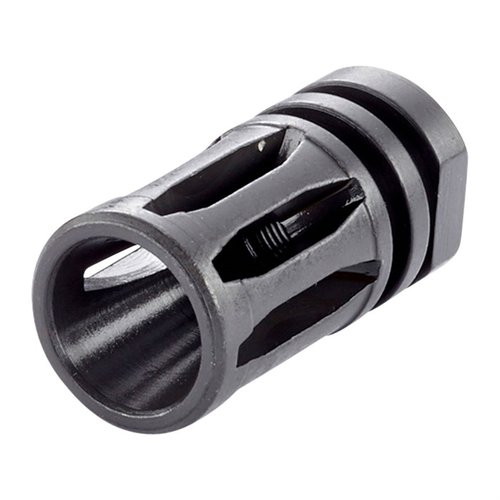 Le Wilson Combat A2 Birdcage Flash Hider offre une finition noire phosphate et s'adapte aux canons filetés AR standard 1/2 in. x 28 TPI, idéal pour réduire le flash.