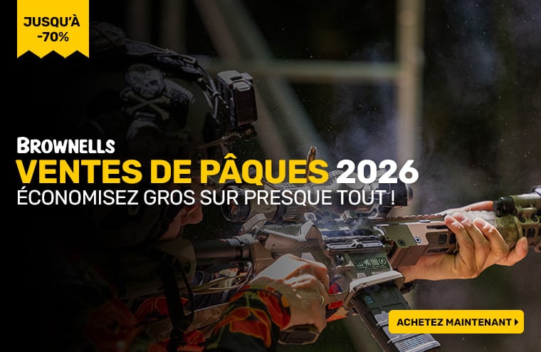 Brownells Easter Sale 2026 banner featuring shooters using an AR-15, highlighting up to 70 percent off and a call to shop now